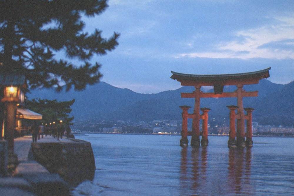 A large red wooden torii gate standing in shallow sea water near a shoreline