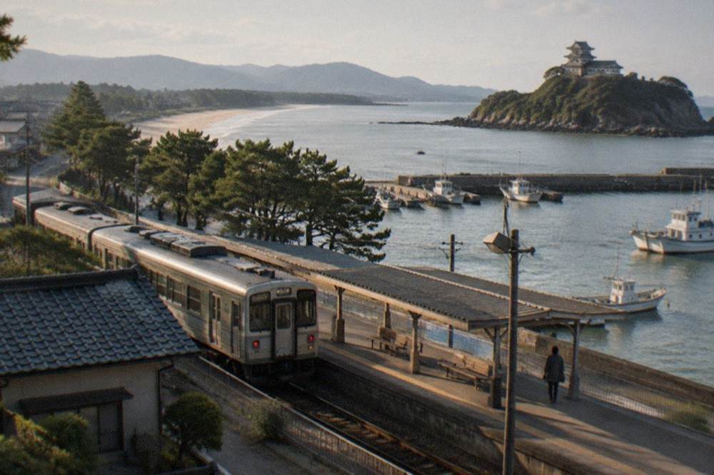 A local train at a small seaside station platform, with the coastline visible beyond the tracks