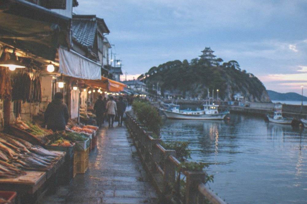 A narrow market street beside a canal, with stalls of dried fish and produce under awnings