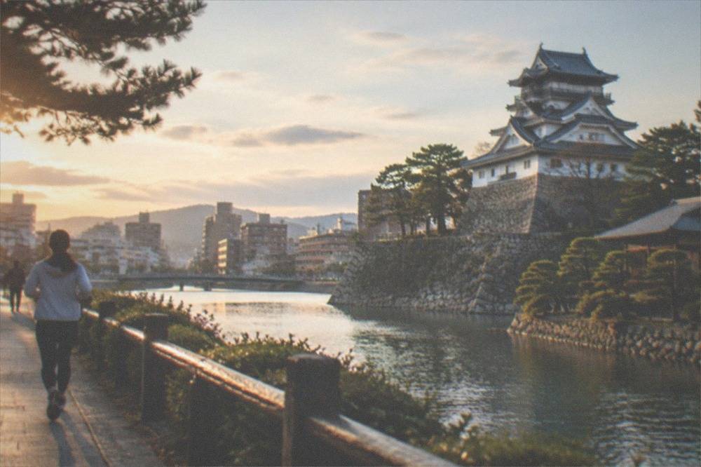 Traditional garden pond with clipped pines and a teahouse roof at a Japanese castle garden