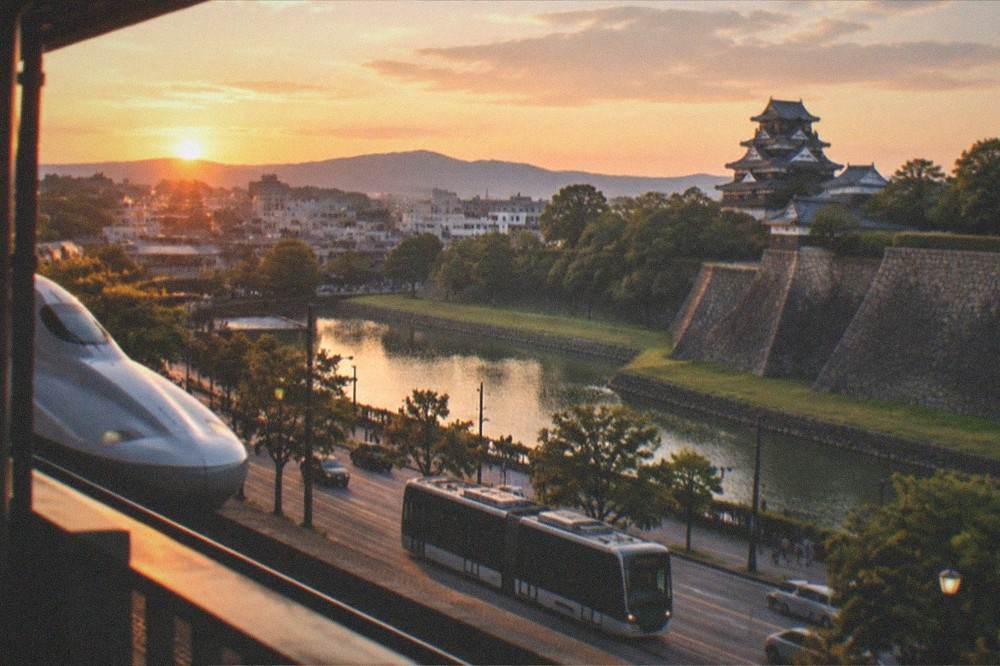 A train platform at dusk with a northbound bullet train and city lights beyond