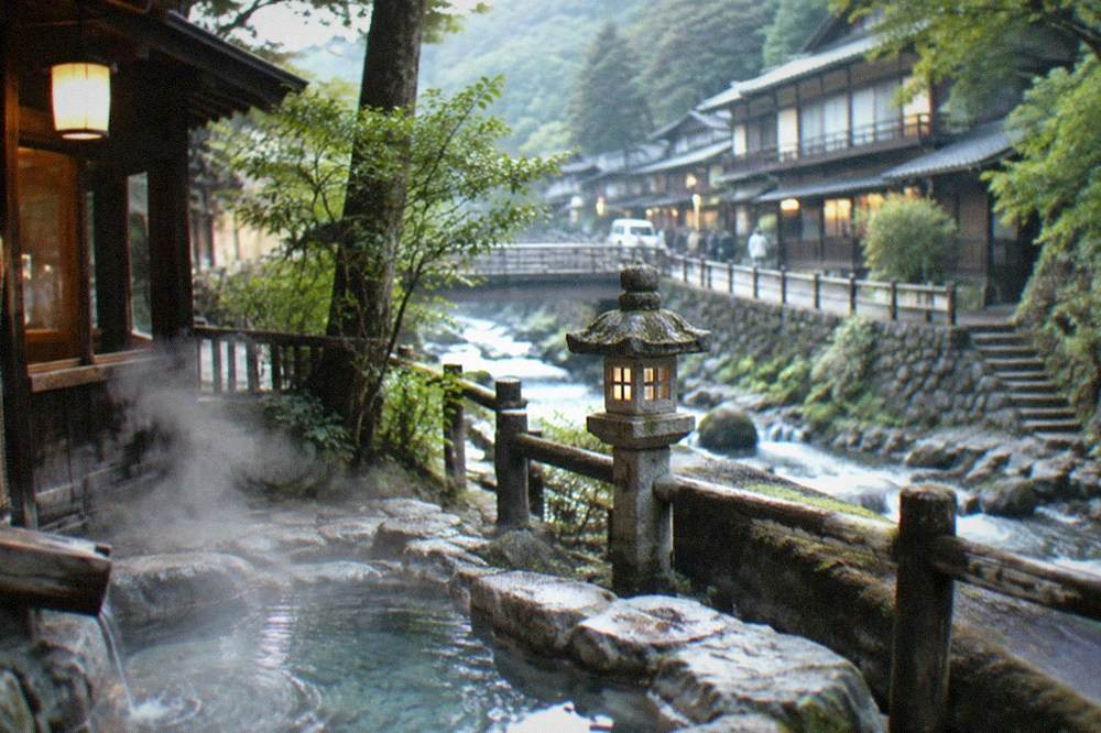 Steam rising from an outdoor stone bath beside a river in the mountains
