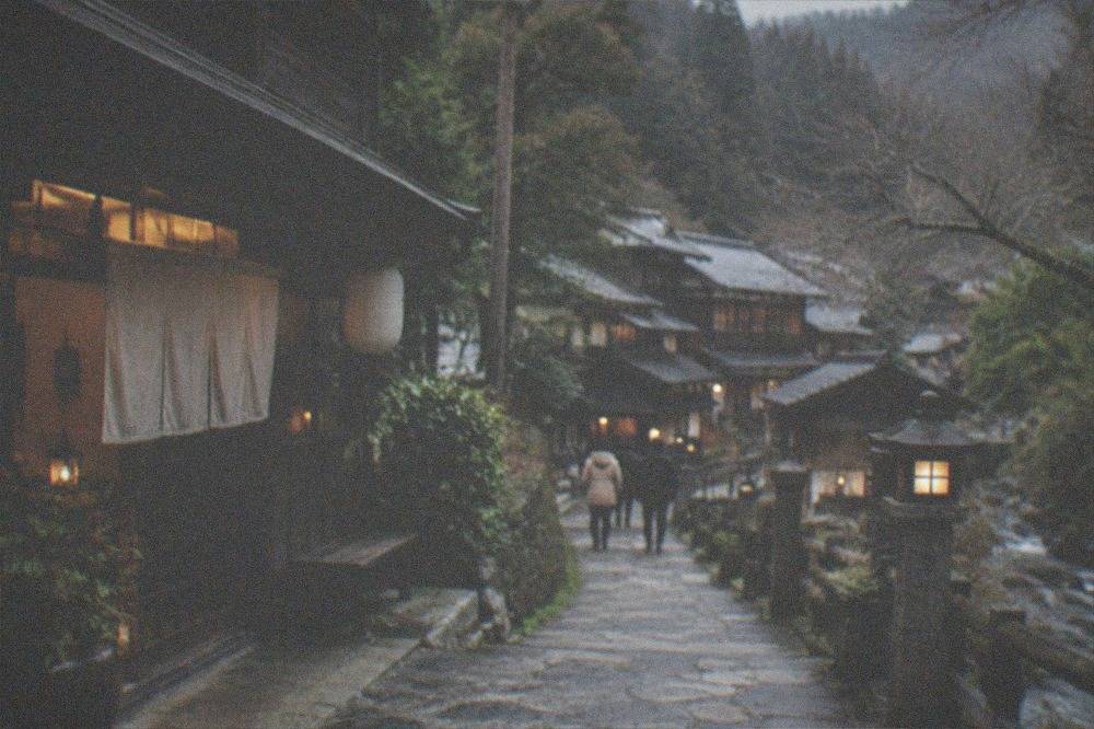 Row of traditional wooden inn buildings with dark facades along a stone street