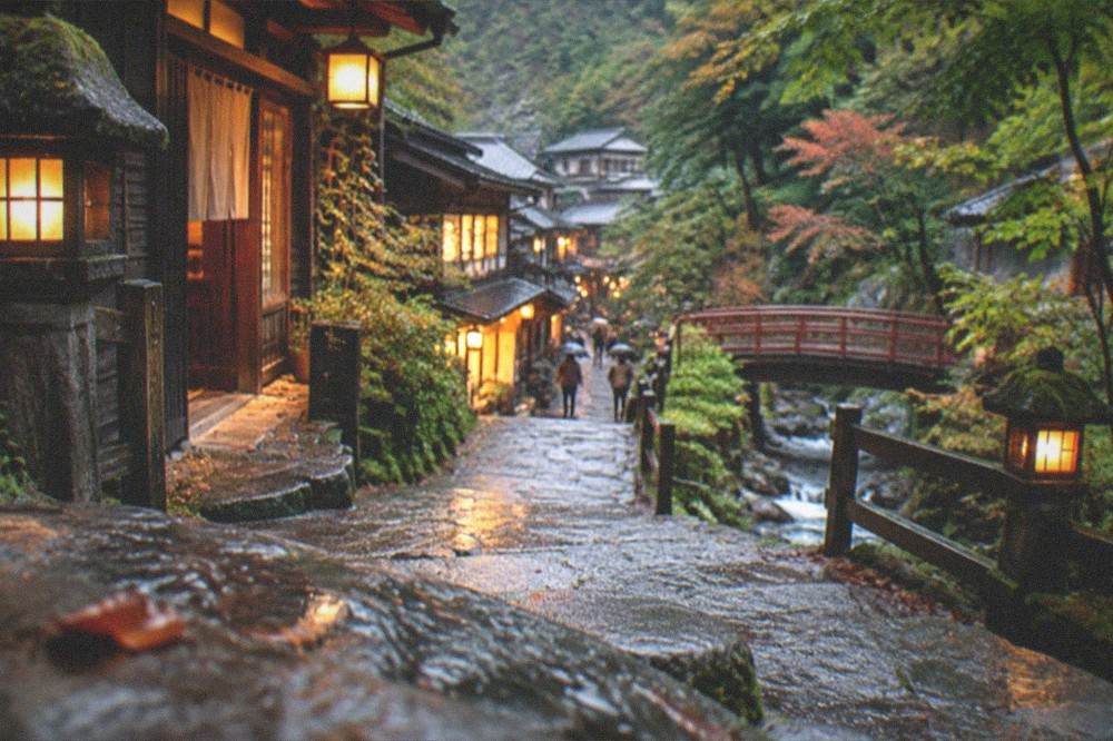 Lanterns and warm light glowing from inn entrances along an evening village street
