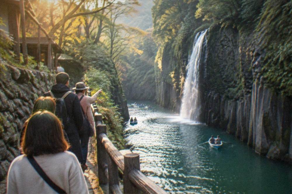A tour group with a guide walking a stone path beside a river in a rural mountain valley