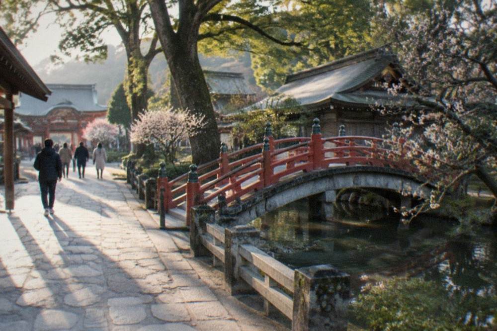 Wooden shrine buildings with curved roofs seen through tall trees