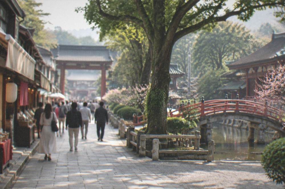 Tour group walking along a shop-lined street toward a shrine gate in soft light