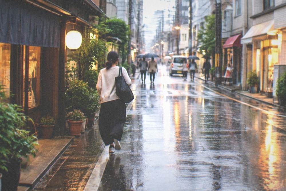 Rain falling on a city street with illuminated shopfronts reflecting on wet pavement