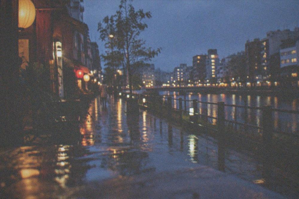 Rain-slicked street at night with the lights of an entertainment district in the background