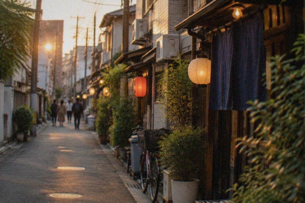 A narrow lantern-lit bar street at night with glowing signs above closed doors