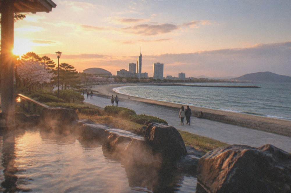 An open-air hot spring bath overlooking a dark sea coastline at dusk with steam rising from the water