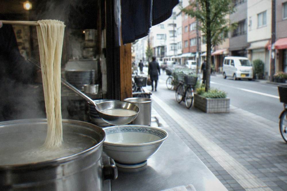 Thin straight ramen noodles held over a pot, with a ladle of pale tonkotsu broth beside a bowl