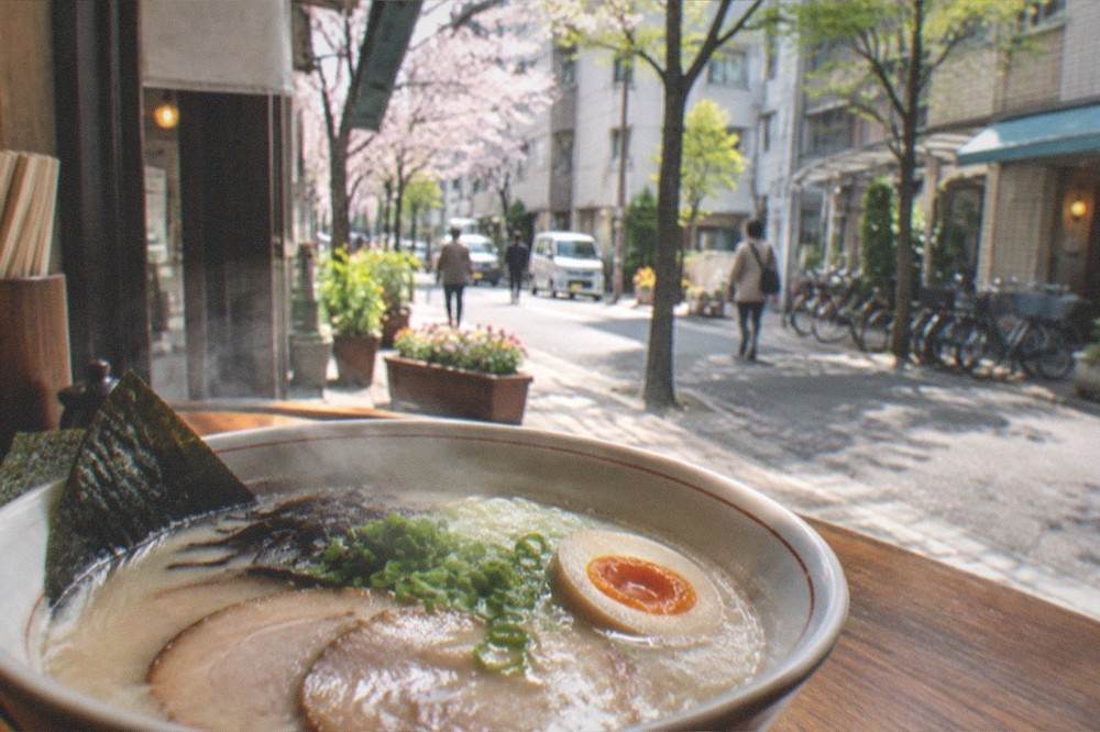 A steaming bowl of tonkotsu ramen with chashu, egg and spring onion set on a wooden counter