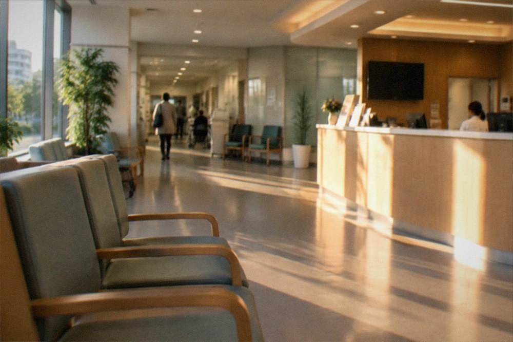 A modern hospital reception area with an international services desk sign in a Japanese city