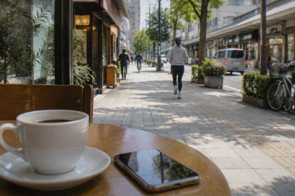A smartphone resting on a cafe table beside a cup of coffee, with a city street and illuminated shopfronts visible through the window