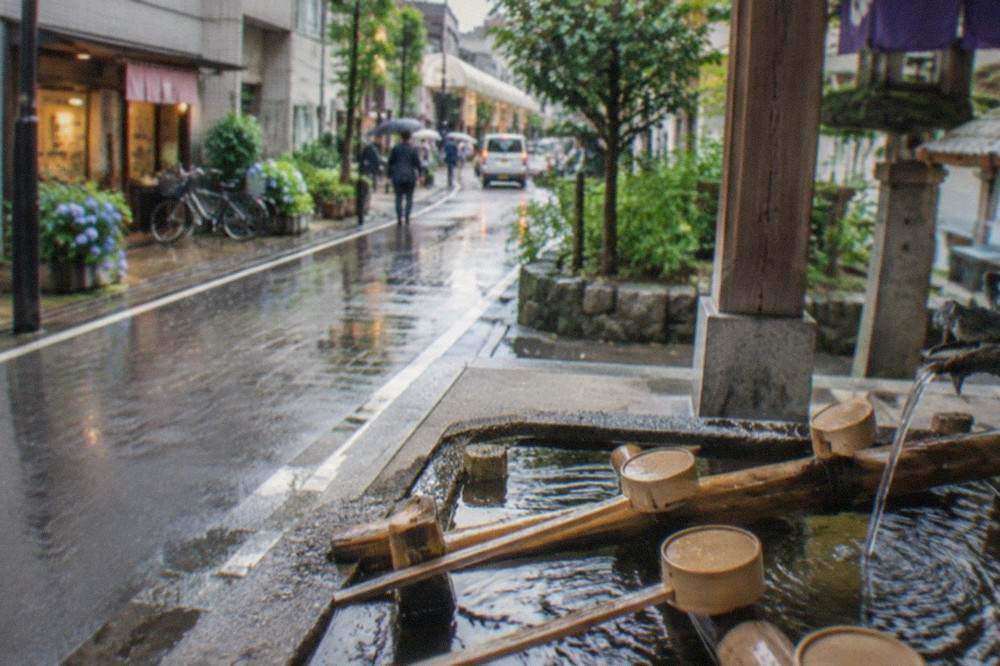 Wooden ladles resting on a stone water basin at a shrine entrance