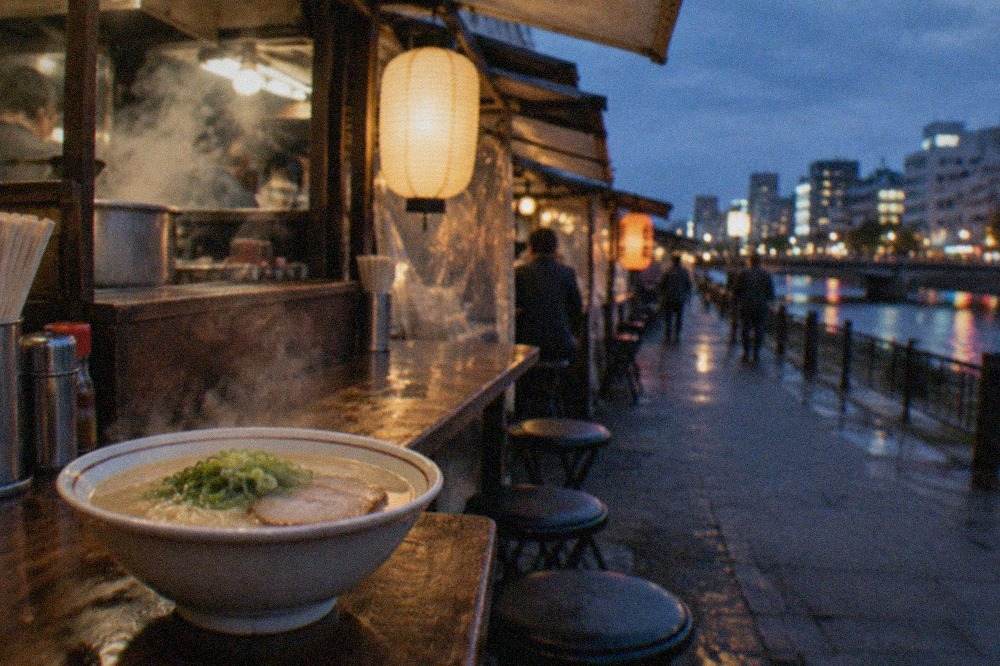 A steaming bowl of tonkotsu ramen with thin noodles, chashu pork and green onion on a wooden counter