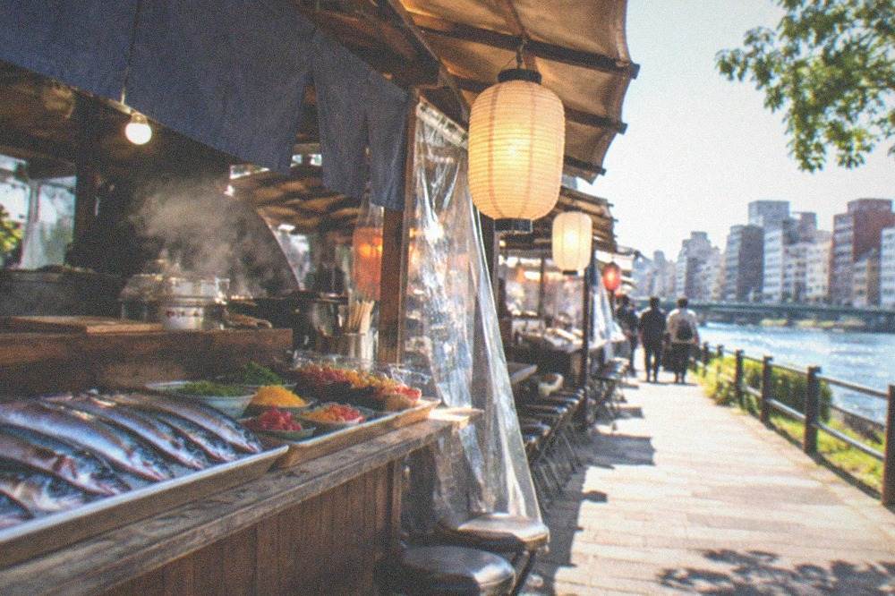 A market counter lined with fresh mackerel, pickles and small ready-to-eat dishes