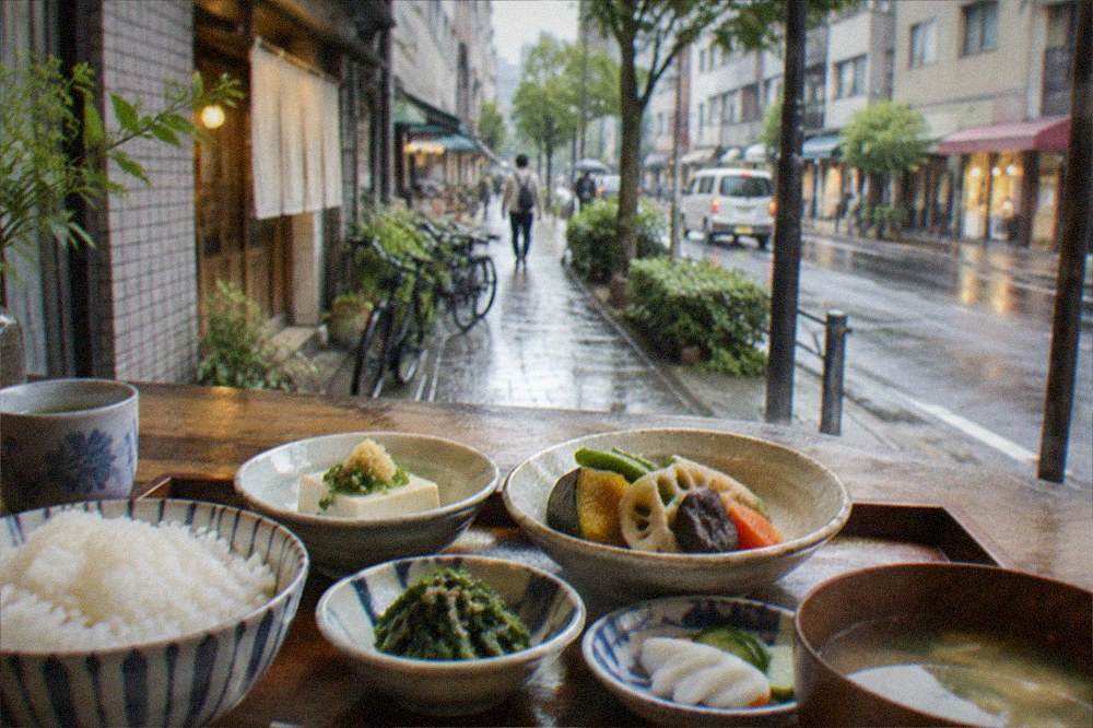 A plant-based Japanese meal of tofu, seasonal vegetables and rice arranged in small dishes