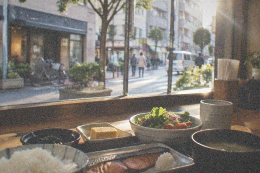 A bright city hotel breakfast room with rice, grilled fish and salad arranged on a counter