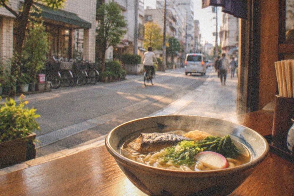 A steaming bowl of udon noodles with grilled fish and vegetables on a wooden restaurant counter