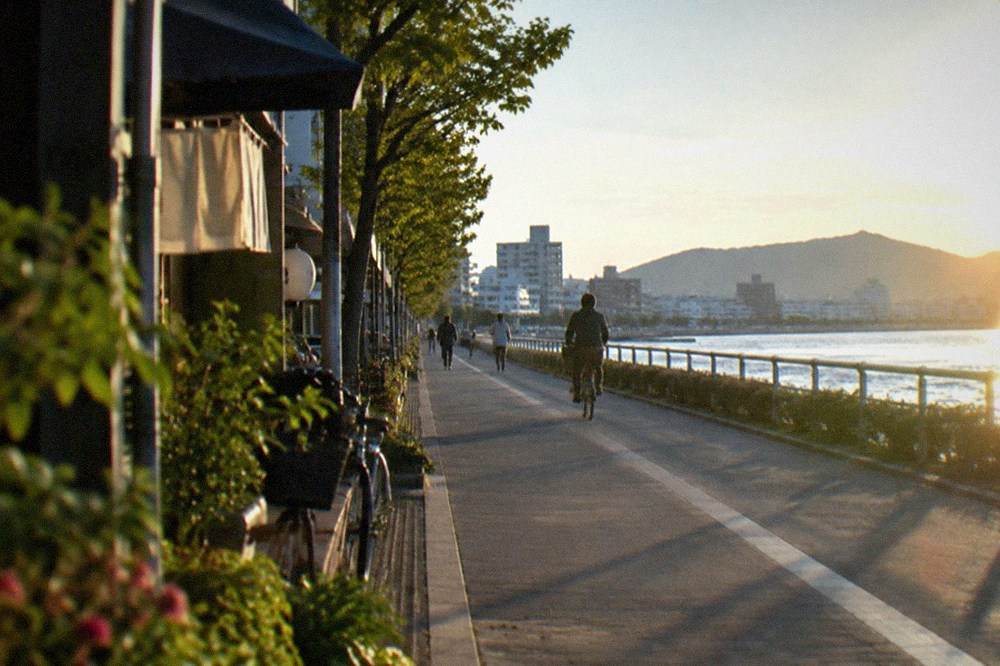 A long flat cycling and walking path beside a calm bay with distant hills