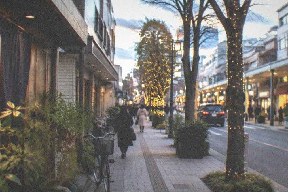 A shopping street lined with illuminated trees and glowing shopfronts at night