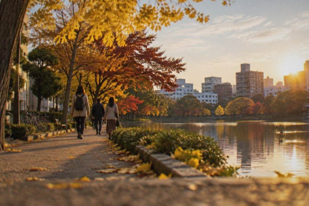 Golden ginkgo trees lining a park path beside a calm pond in Fukuoka in autumn
