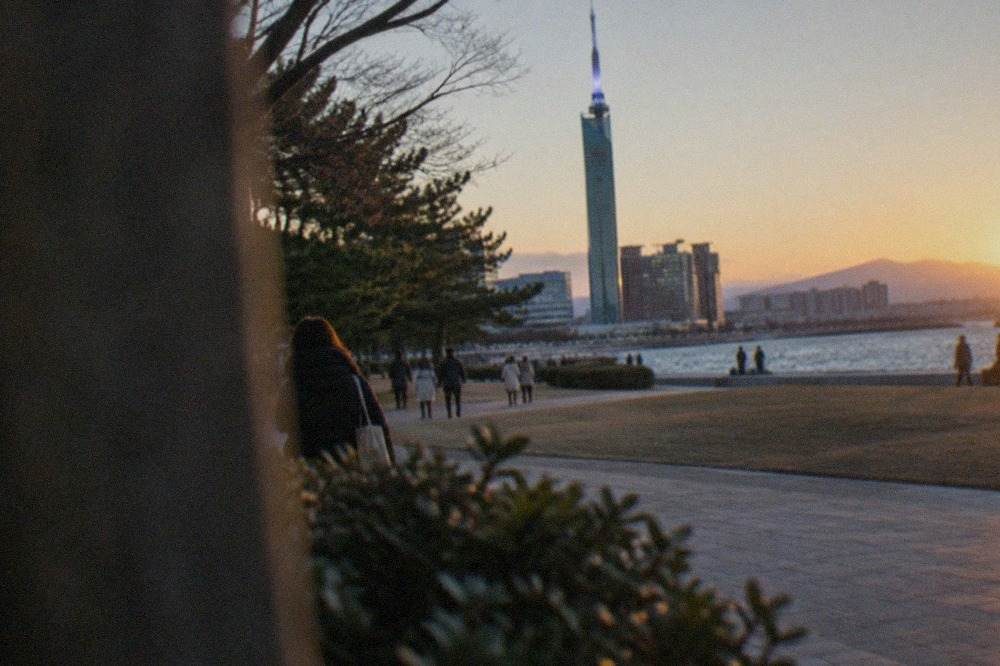 Fukuoka city skyline at dusk in winter with Fukuoka Tower lit up against a clear evening sky