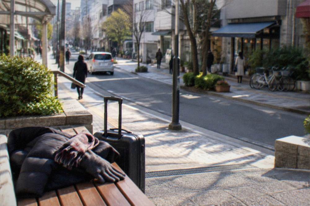 Folded winter coat, scarf and gloves on a wooden bench beside a suitcase