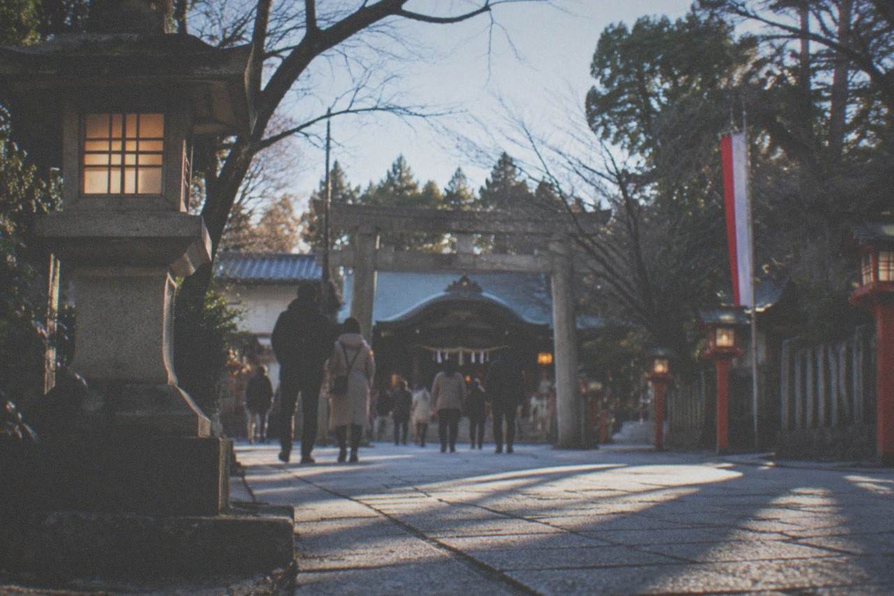 Illuminated shrine grounds in Fukuoka on a clear winter evening