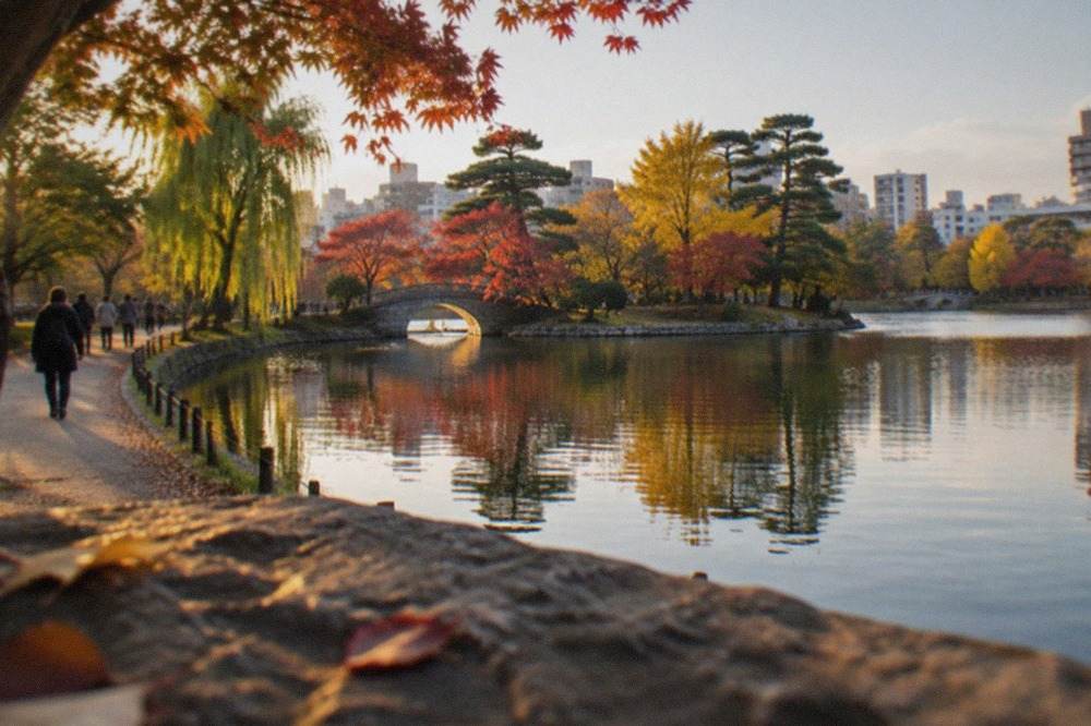 Autumn trees reflected in the water of Ohori Park with the city skyline beyond