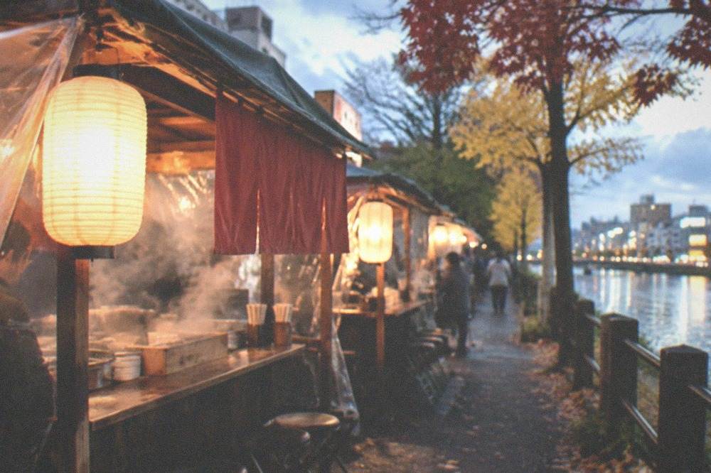 Steam rising from a lantern-lit yatai food stall beside the Naka River at night