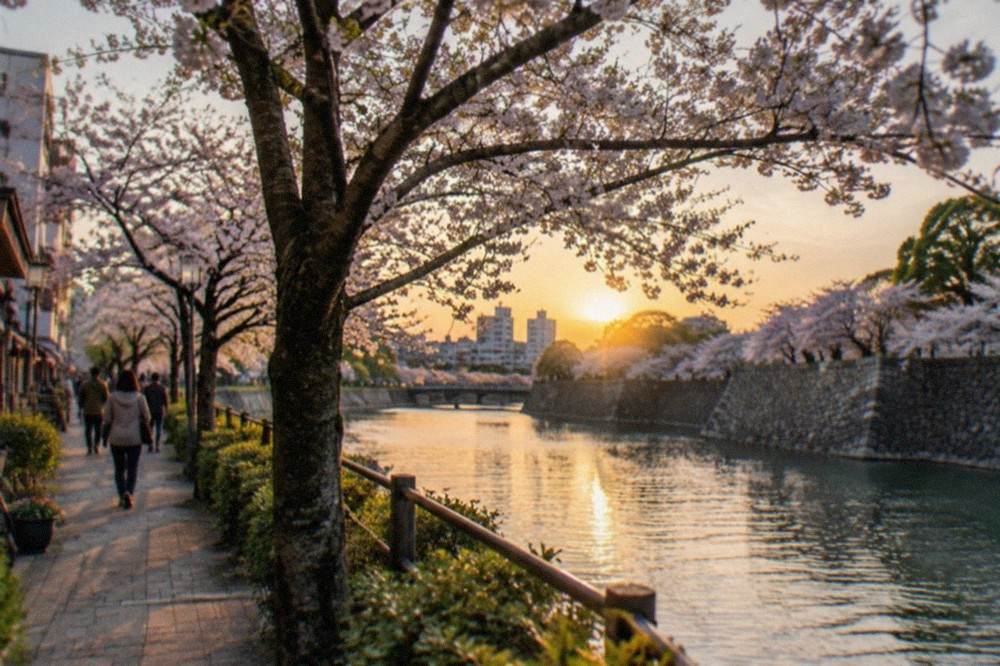 A row of cherry trees in bloom beside a wide moat with stone walls at dusk