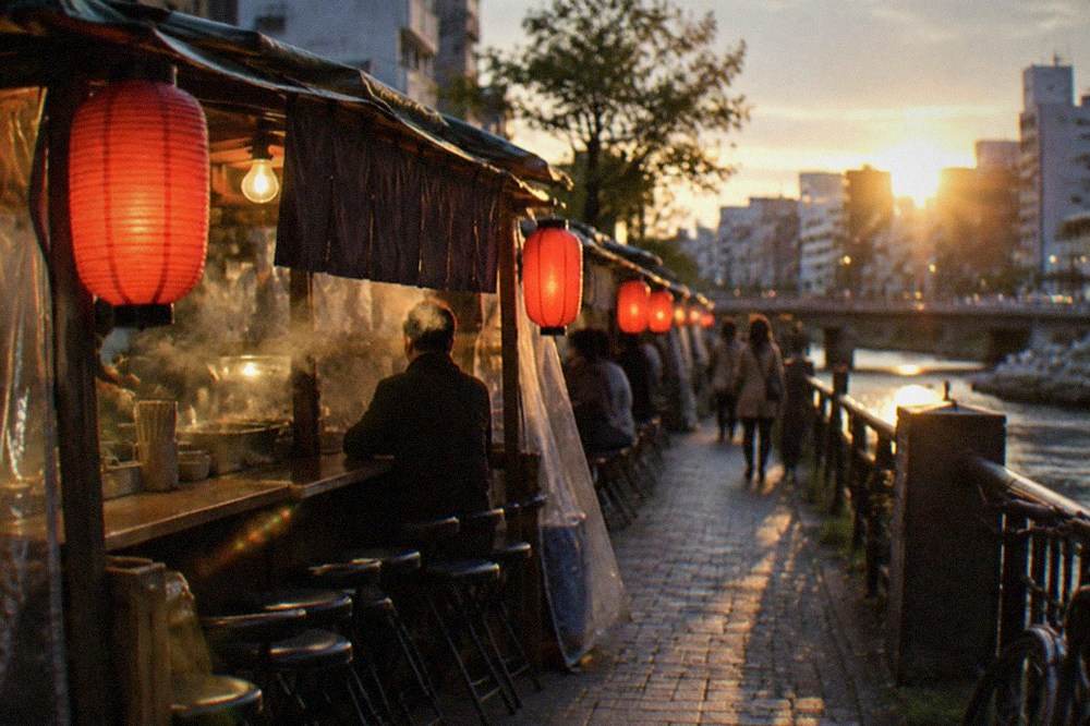 Red lanterns lighting a narrow yatai food stall street at night in Nakasu