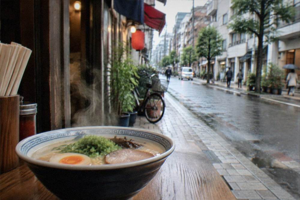 A steaming bowl of ramen on a wooden counter beside chopsticks
