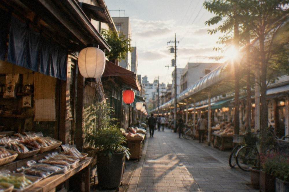 Narrow market lane with hanging lanterns and small shopfronts displaying dried foods and pickles