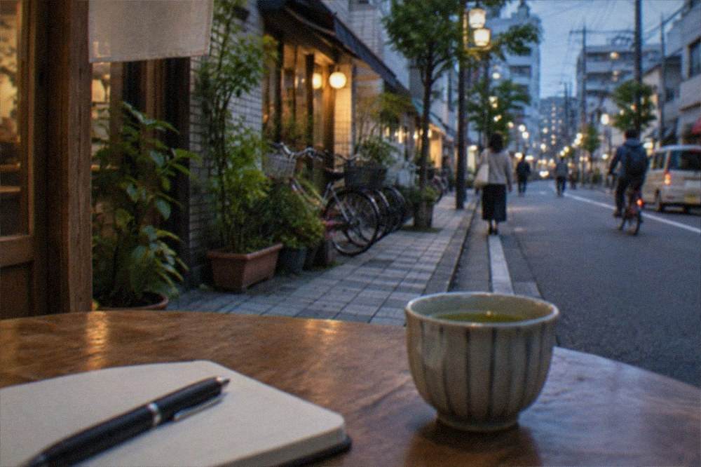 A notebook with a pen resting on a wooden table beside a small cup of green tea