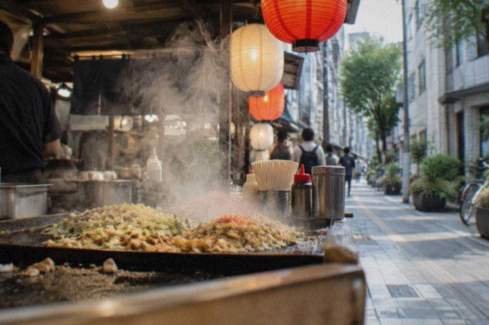 A lantern-lit street food stall at night with steam rising from a cooking counter