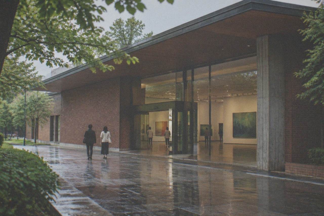 Museum gallery interior with paintings on white walls and polished floor