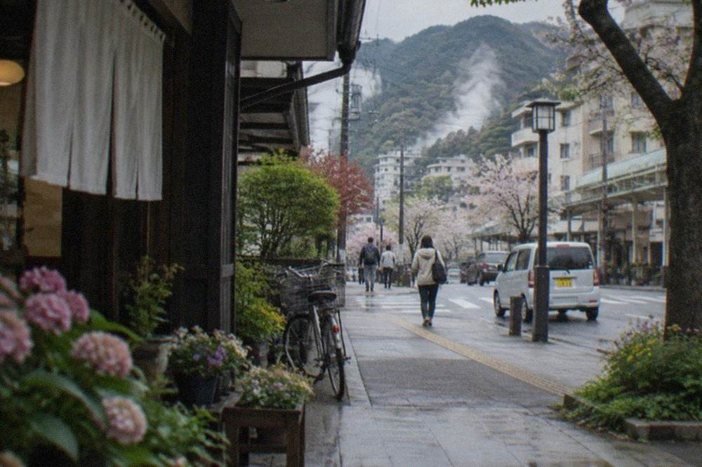 Steam rising from a wooded hot spring valley with mountains in the background