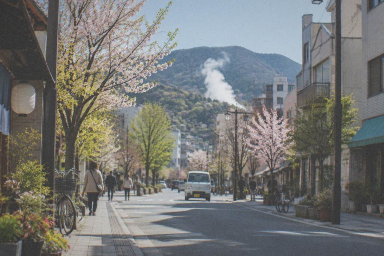 Steam rising from a wooded hot spring valley with mountains in the background