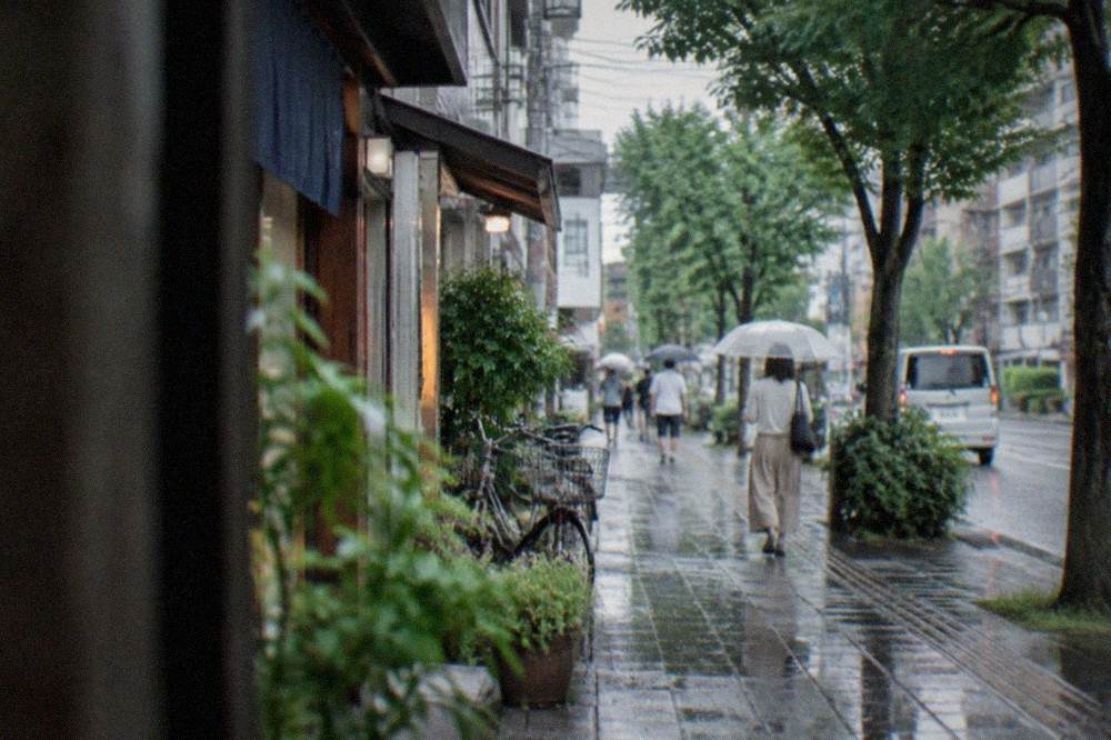 A summer street in Fukuoka with wet pavement reflecting neon signs after an evening downpour