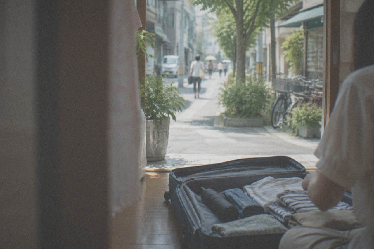 A packed suitcase open on a wooden floor with folded summer clothes and a compact umbrella