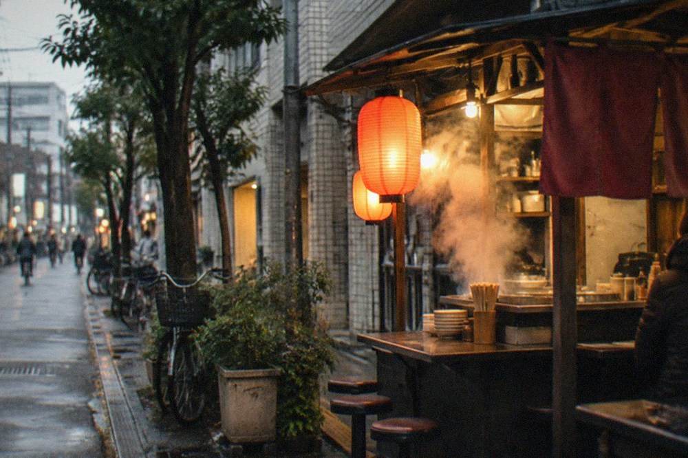 Steam rising from a small food stall counter with lanterns glowing at night