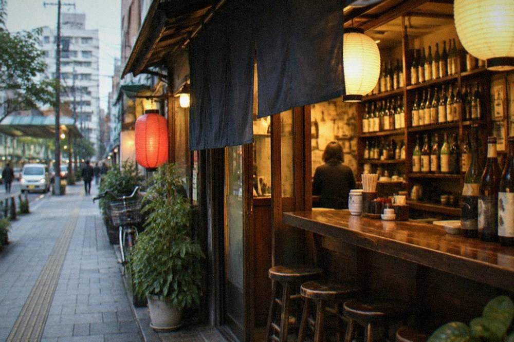A lantern-lit izakaya counter with bottles stacked to the ceiling behind a wooden bar