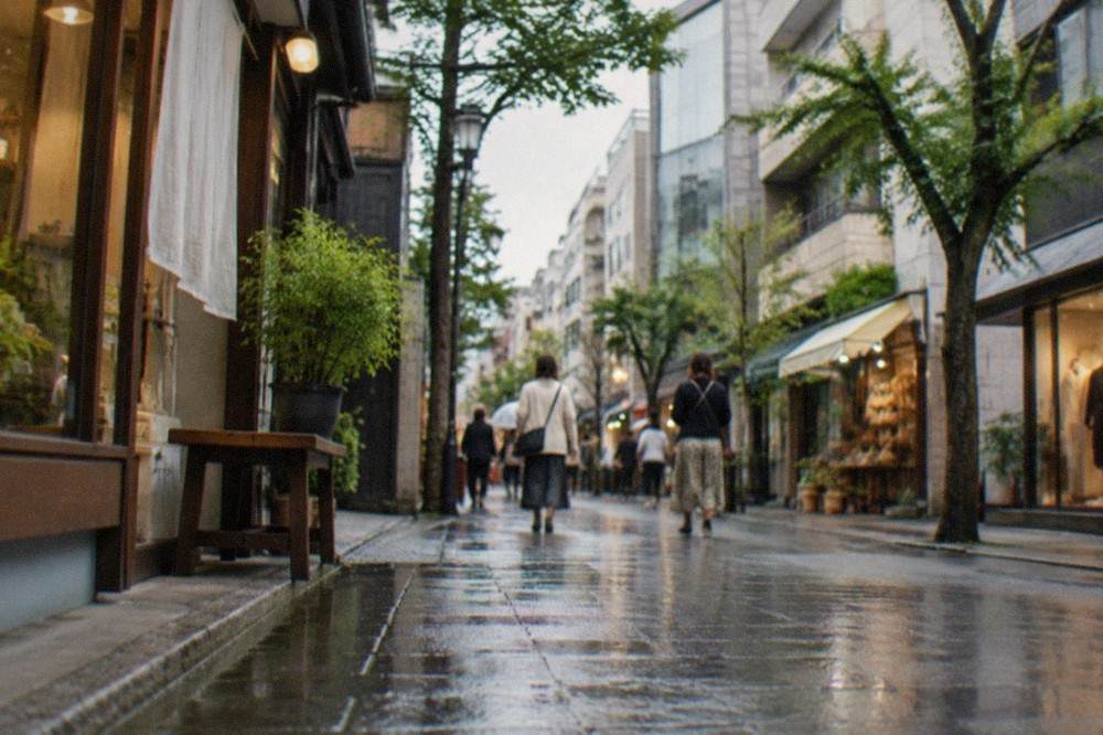 Narrow shopping street lined with small independent boutique storefronts and hanging signs