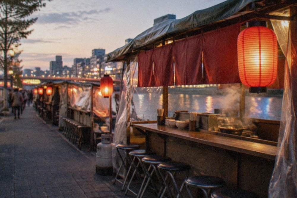 Red lanterns glowing above a row of street food stalls beside a river at night