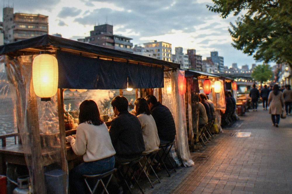 Customers sitting shoulder to shoulder on stools at a small lantern-lit food stall counter