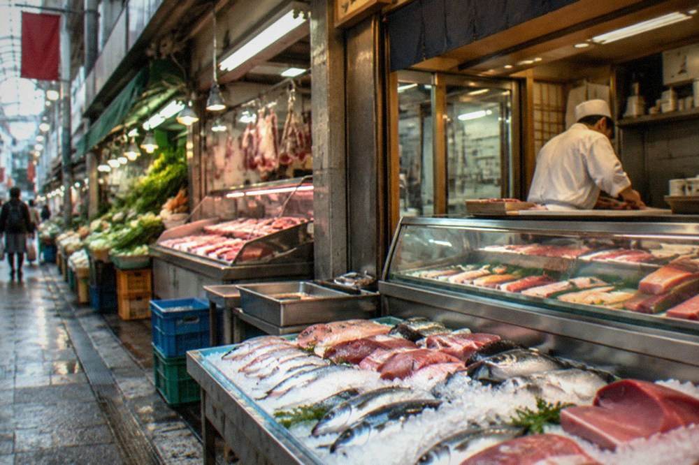 A chef slicing raw fish behind a sushi counter with a glass display case